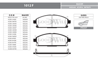 1012 F GW колодка передняя HONDA/ISUZU/NISSAN